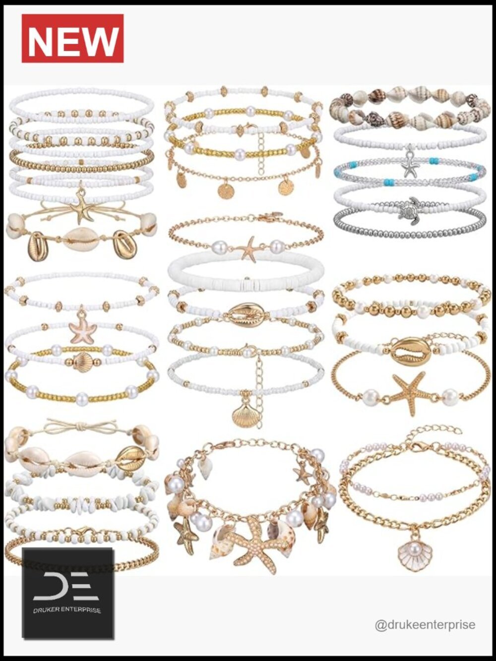9 Pack Shell Bead Ankle Bracelets Adjustable Gold Plated Boho Anklet Stackable